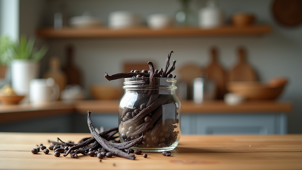 Eye-level view of a glass jar filled with whole vanilla beans on a wooden kitchen counter