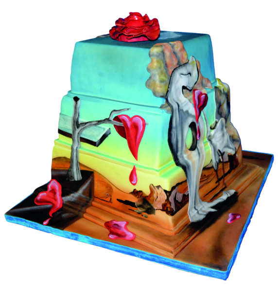 Surrealist wedding cake with vibrant sugar flowers and sculptural elements in bold colours.