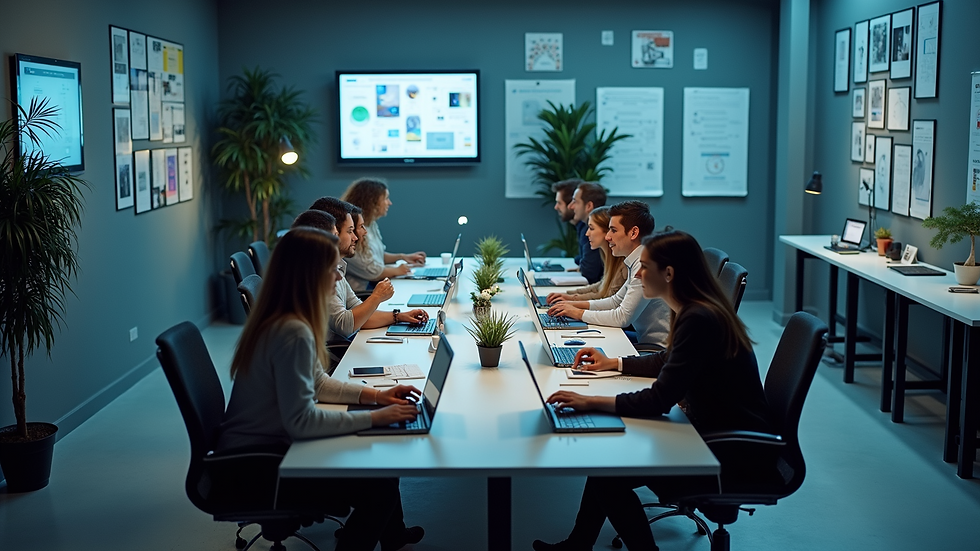 High angle view of a futuristic workspace with AI-powered devices and startup brainstorming session