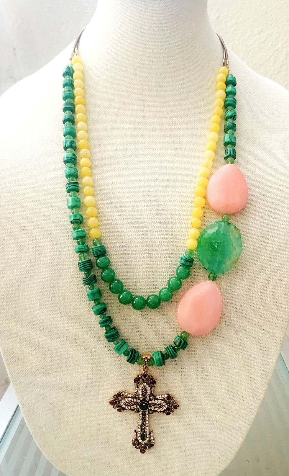 Thumbnail: Chrysoprase, Malachite and Pink Jade 28” Necklace set