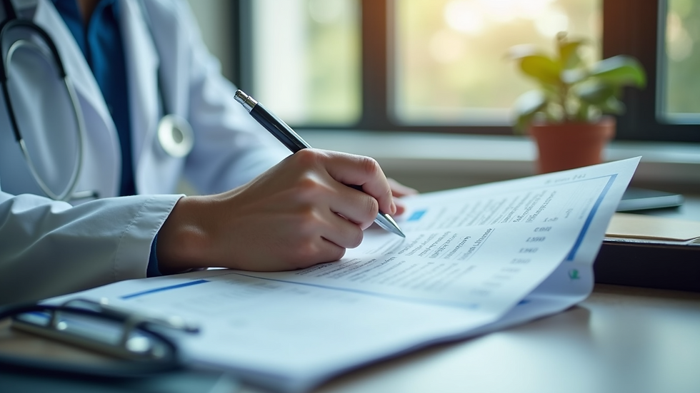 High angle view of a healthcare professional reviewing patient billing documents