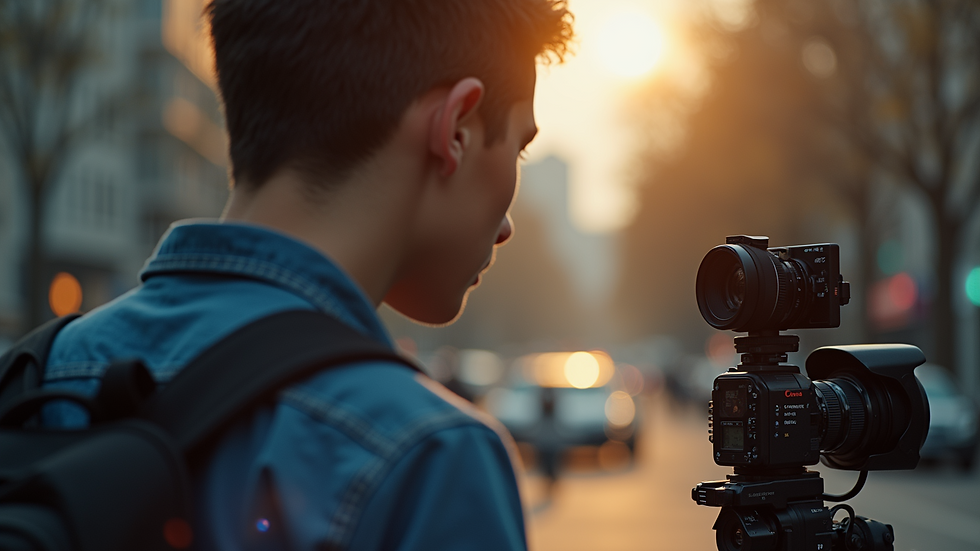Eye-level view of a young filmmaker directing a scene