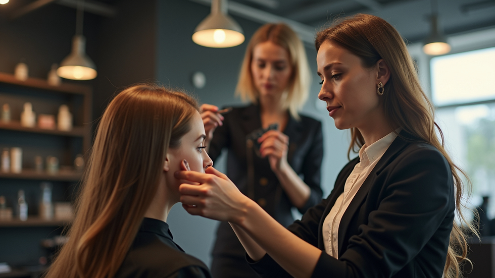 Eye-level view of a stylist working on a client's hair