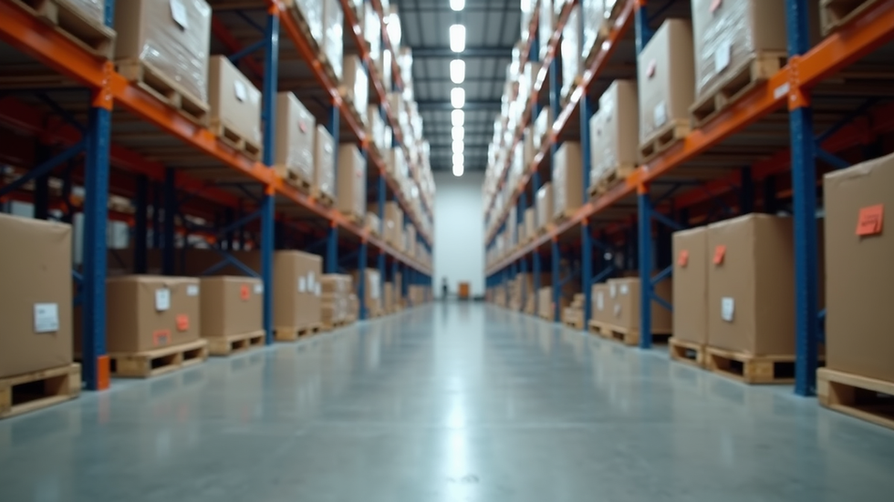 Eye-level view of a modern warehouse with organized inventory shelves