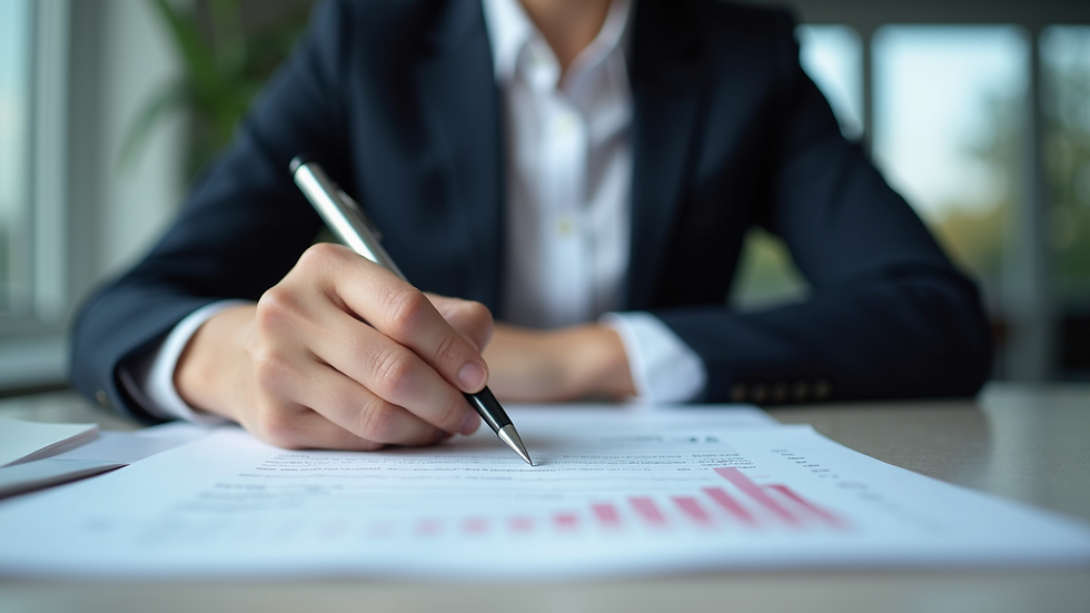 Eye-level view of a business professional reviewing financial documents