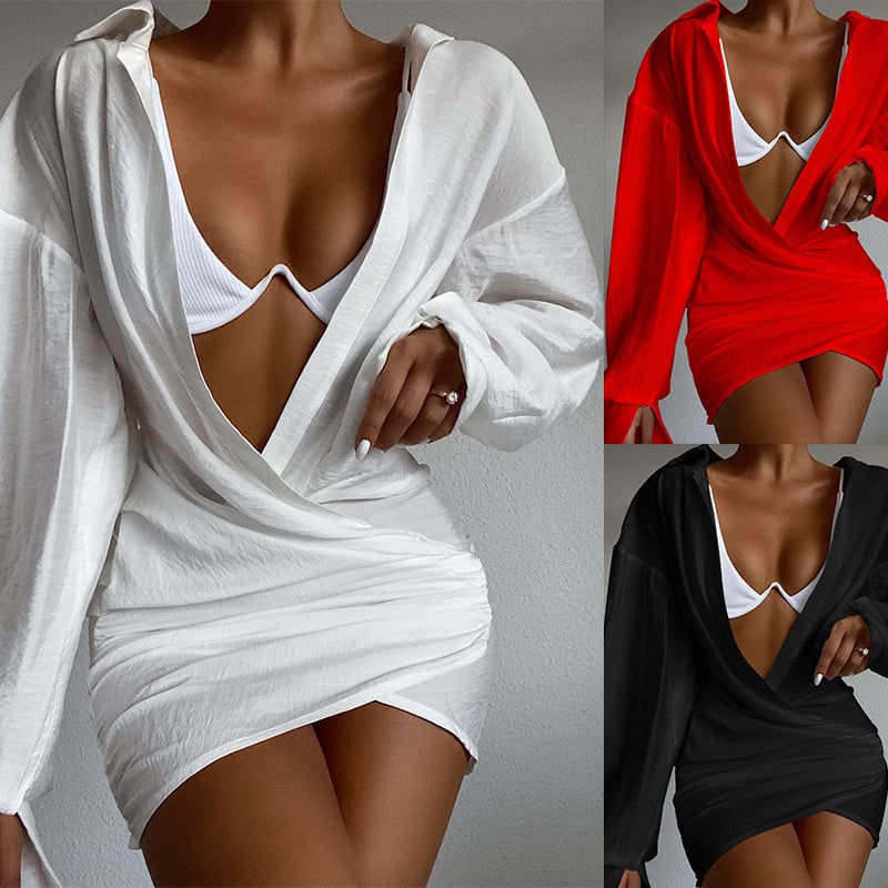 Vestido Mini de Manga Longa e Decote Profundo em V