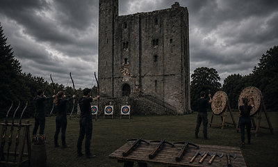 castle courtyard, archery targets, axes, crossbow. Atmospheric_