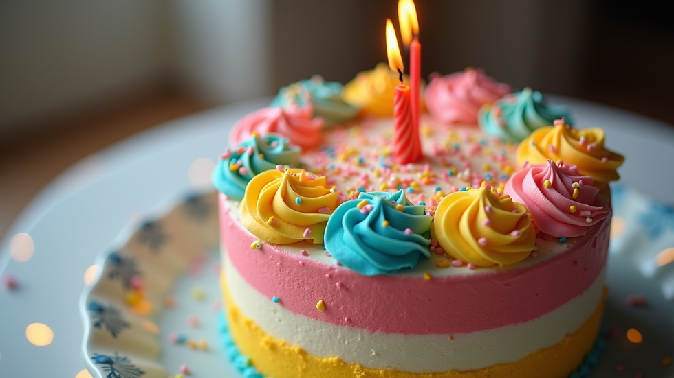 High angle view of a beautifully decorated birthday cake with colorful frosting