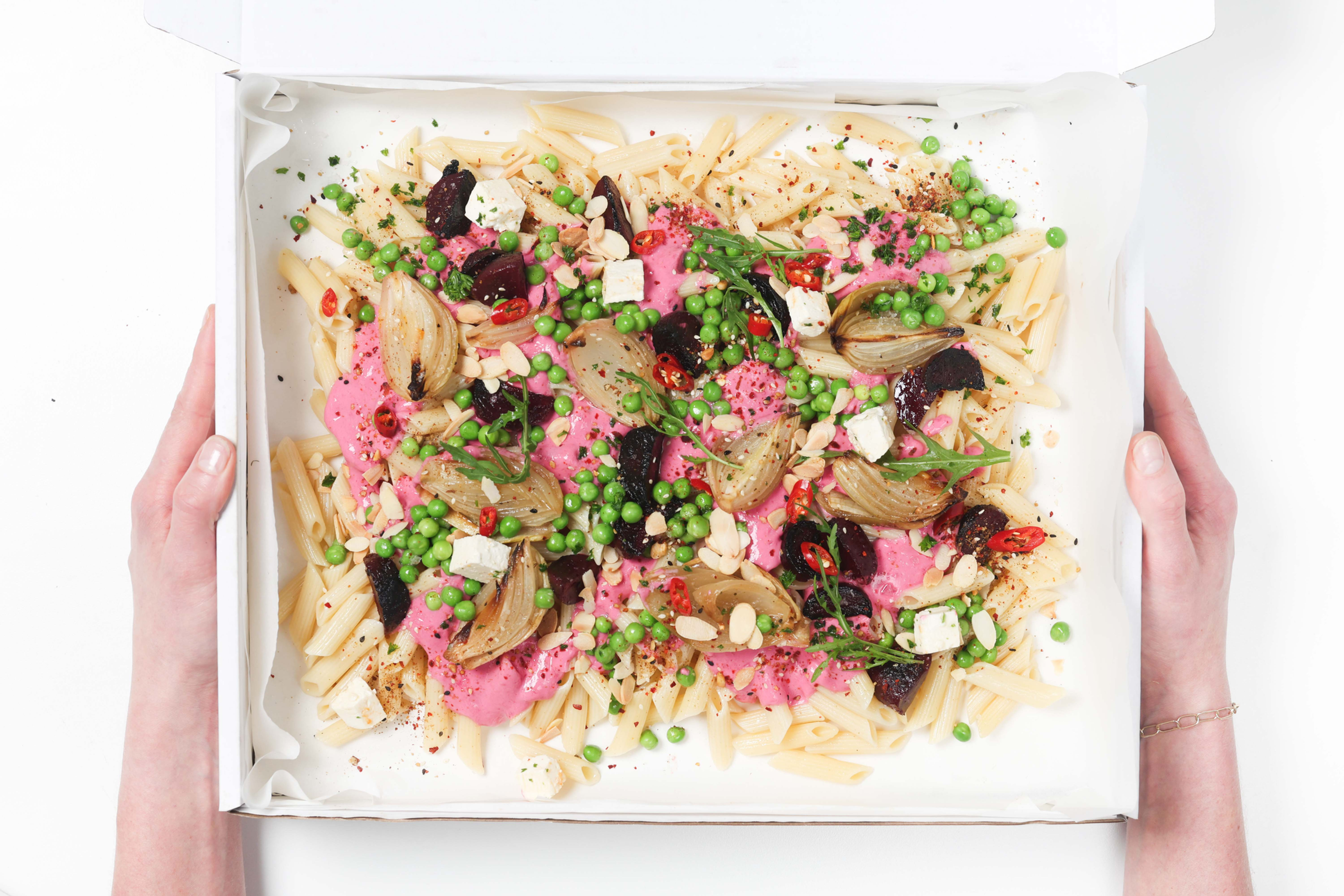 Pink Penne Pasta Salad with dukkah 