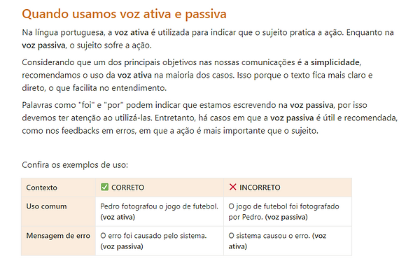 Sub seção do Guia intitulada "Quando usamos voz ativa e passiva"