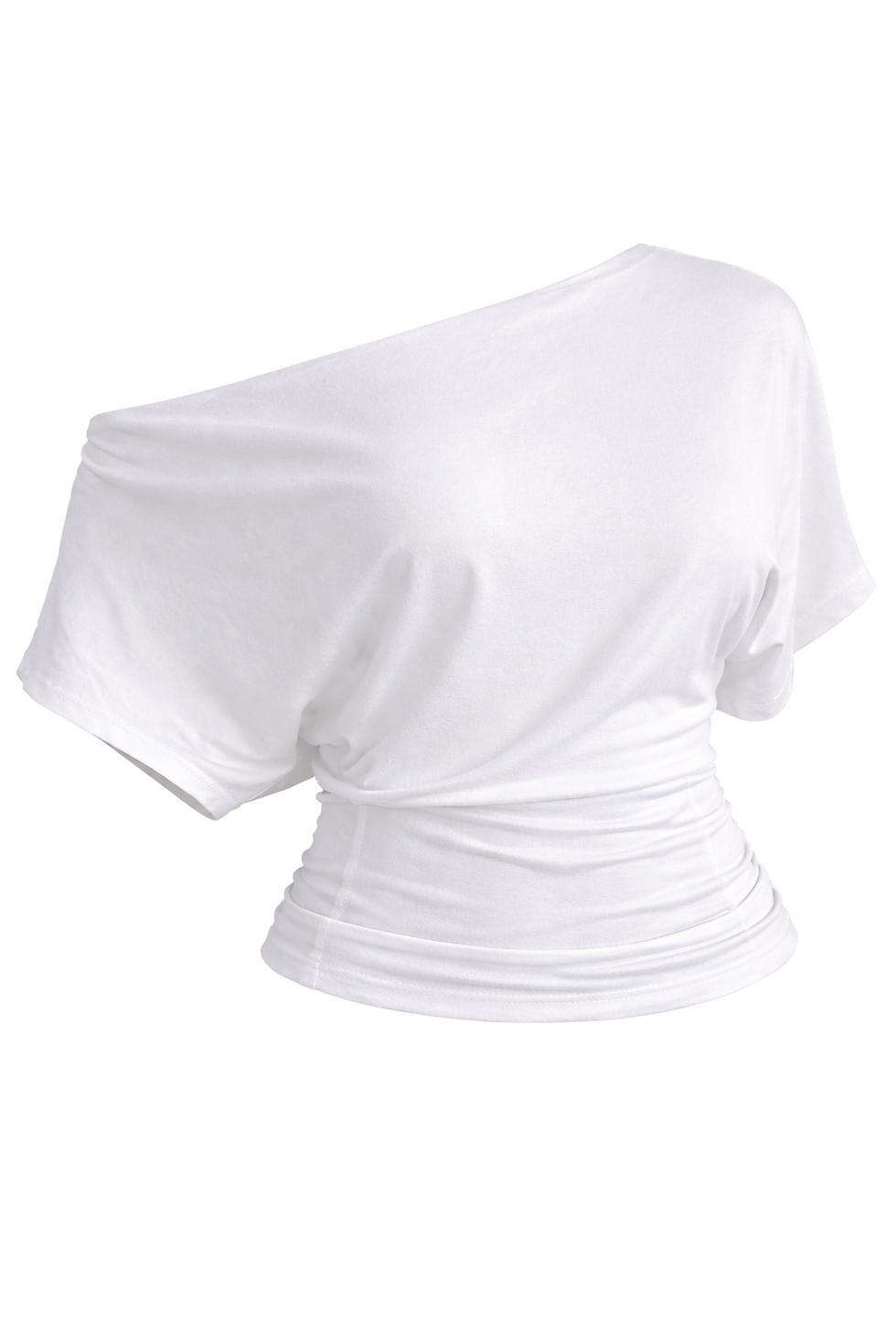 Thumbnail: White off-shoulder short sleeve top with a cinched ruched waist.
