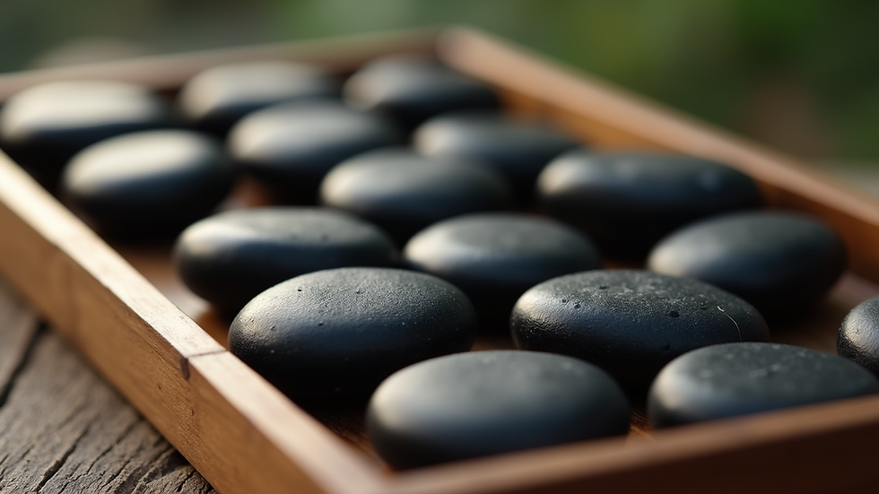 Close-up view of smooth black hot stones arranged on a wooden tray
