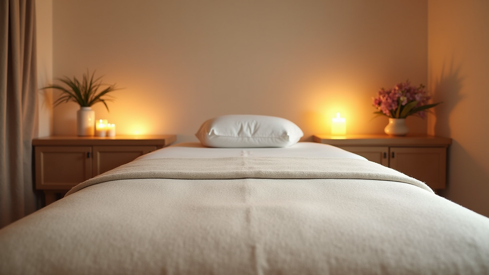 Eye-level view of massage room with calming decor and massage table