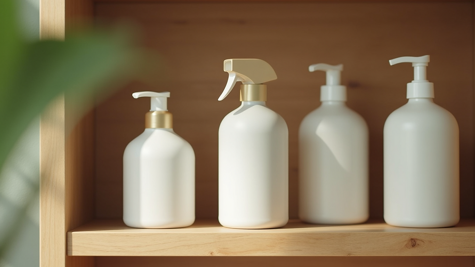 Eye-level view of eco-friendly cleaning products arranged on a wooden shelf