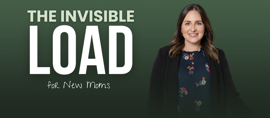 Jessica Simonetti standing in front of a green background with the text "The Invisible Load: For New Moms"
