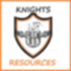 A shield with tools inside, bordered in orange and black. Text reads "KNIGHTS RESOURCES." White background, square orange border.