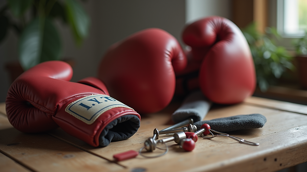 Close-up view of boxing gloves and therapy tools on a wooden table
