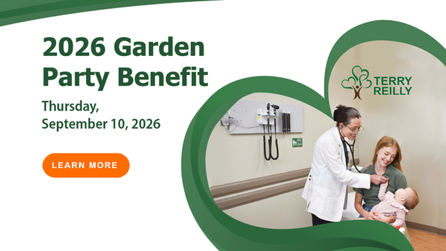 A flyer for the Garden Party Benefit, with a photo of a physician, mother, and child