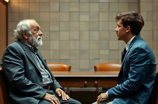 A older preacher and younger interrogator sitting across from each other in an interrogati