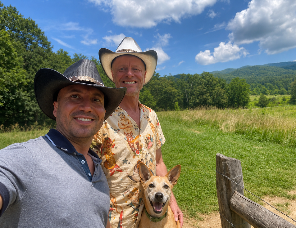 Carlos and Frank with Lola, representing the shared commitment and personal journey behind the creation of ASH.