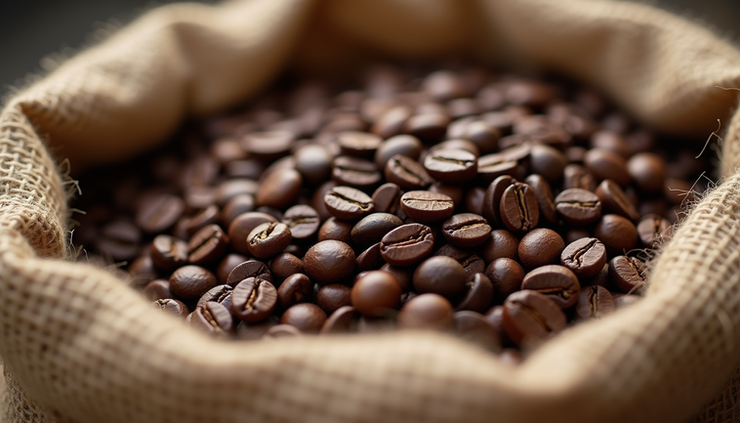 Close-up view of freshly roasted specialty coffee beans in a burlap sack