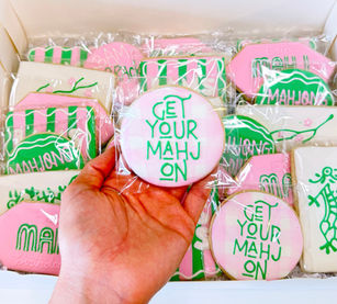 Custom 100% gluten-free Mahjong decorated sugar cookies individually wrapped by BeauBelle Honey, serving Coral Gables, Star Island, Palm Beach, and South Florida.