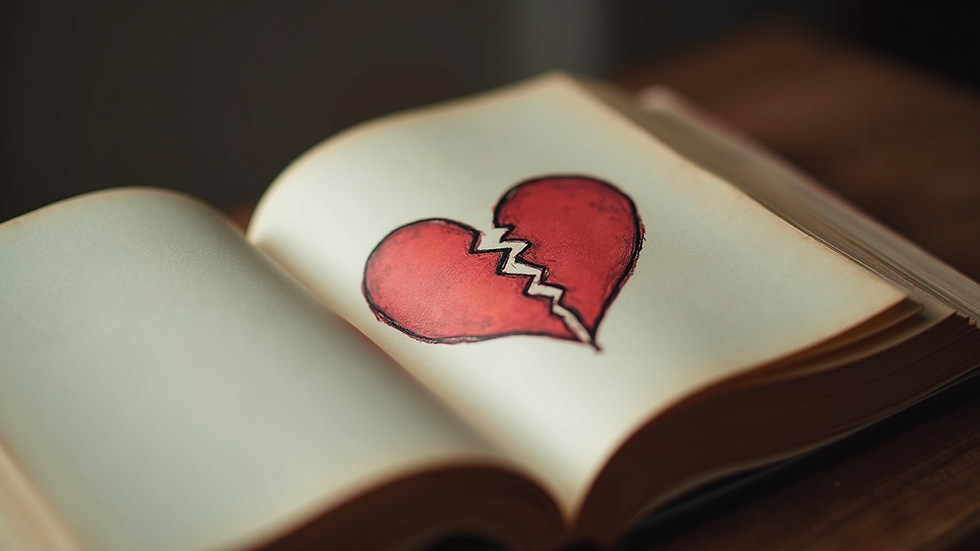 Close-up view of a book with a broken heart illustration