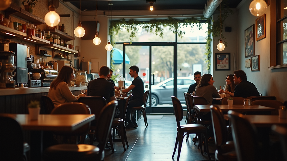 Eye-level view of a cozy coffee shop interior with people engaged in conversation