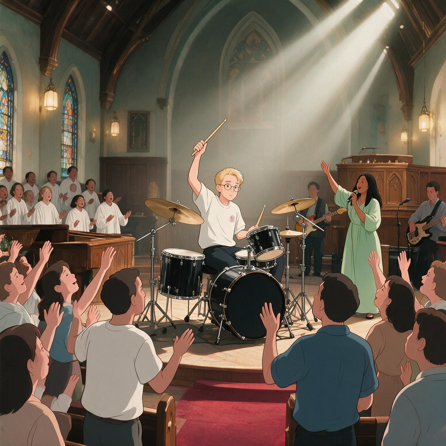 Kim playing drums in a gospel quire. The congregtion around him is worshipping.
