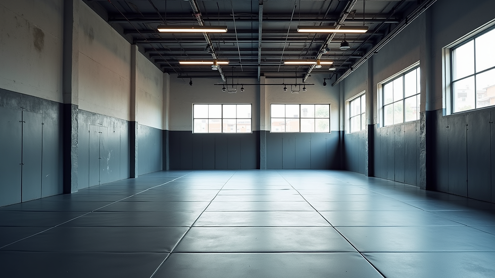 Wide angle view of a clean and spacious Brazilian Jiu-Jitsu training gym
