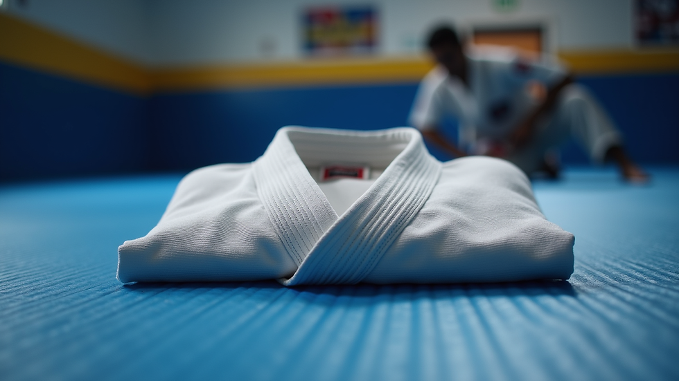 Eye-level view of a Brazilian Jiu-Jitsu gi neatly folded on a training mat