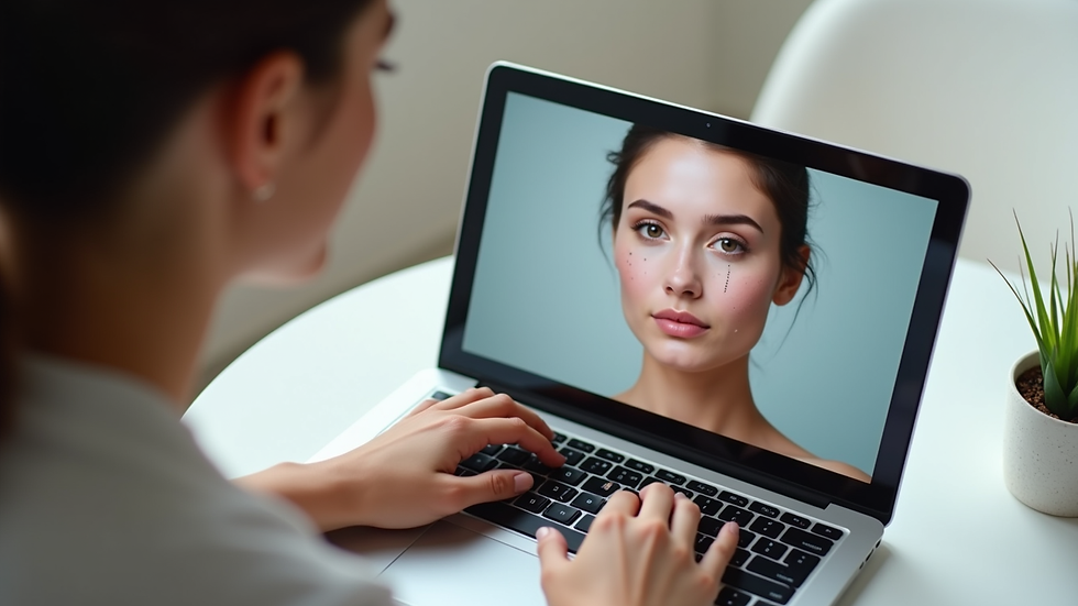 Eye-level view of a woman using a laptop for online skin analysis