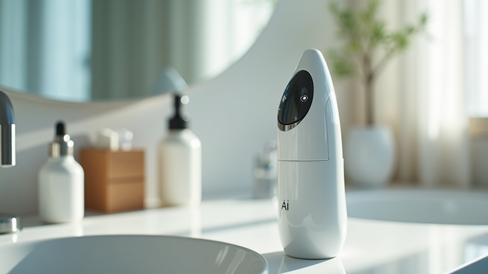 Eye-level view of a sleek AI skincare device on a bathroom counter