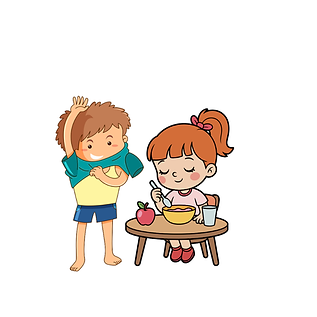 איור של ילד מתלבש וילדה אוכלת