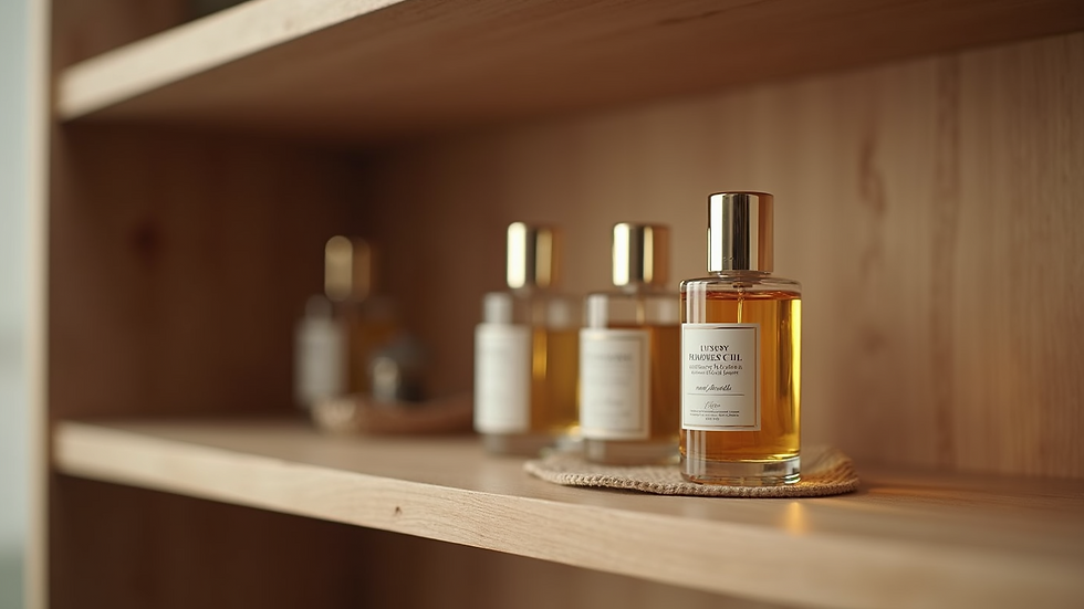 Eye-level view of a glass bottle of luxury laundry perfume oil on a wooden shelf