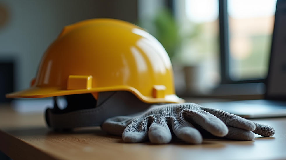 Close-up view of safety helmet and work gloves on a desk