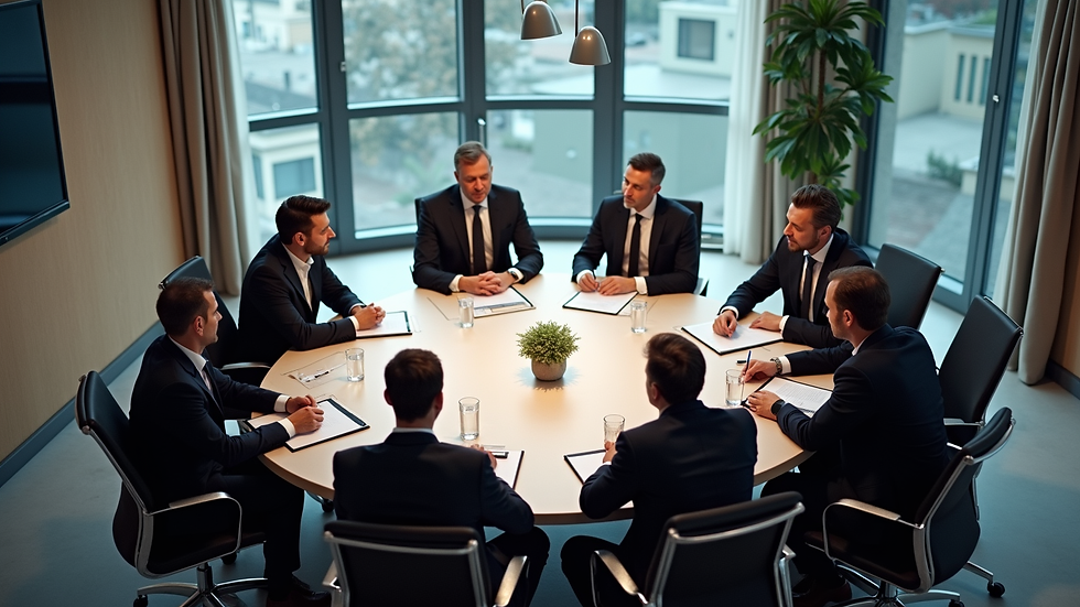 High angle view of a meeting room with professionals discussing labor issues