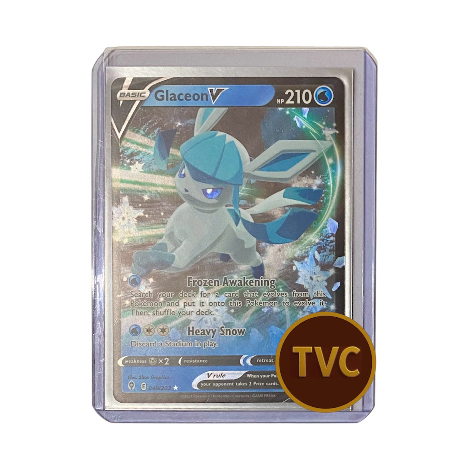 Glaceon V Pokémon card in a protective sleeve with TVC logo