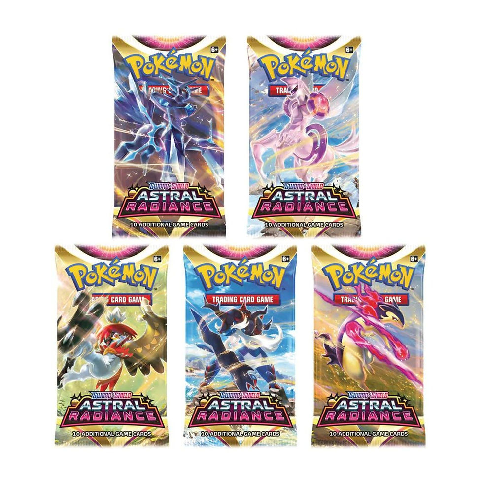 Five Pokémon Astral Radiance booster packs, various Pokémon on the fronts, Vault Collectible.