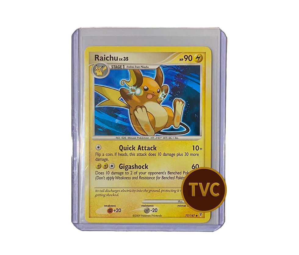 Raichu LV.X Pokémon card, featuring Quick Attack and Gigavolt attacks, encased, TVC logo.