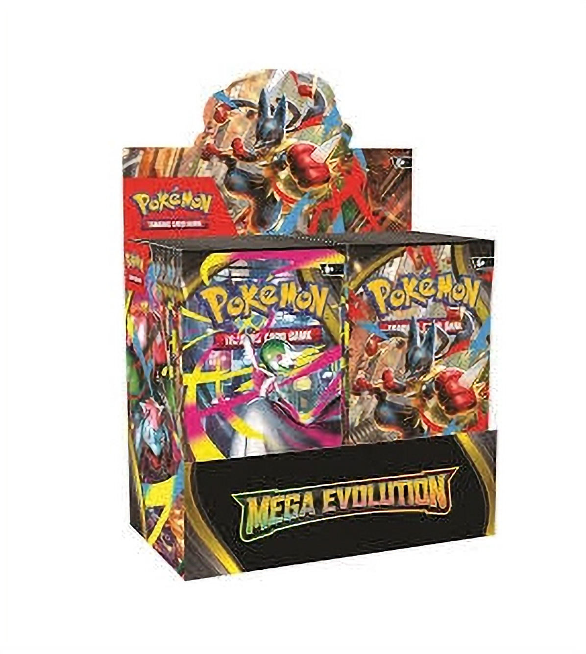 Pokémon TCG Mega Evolution booster box with colorful card packs on display.