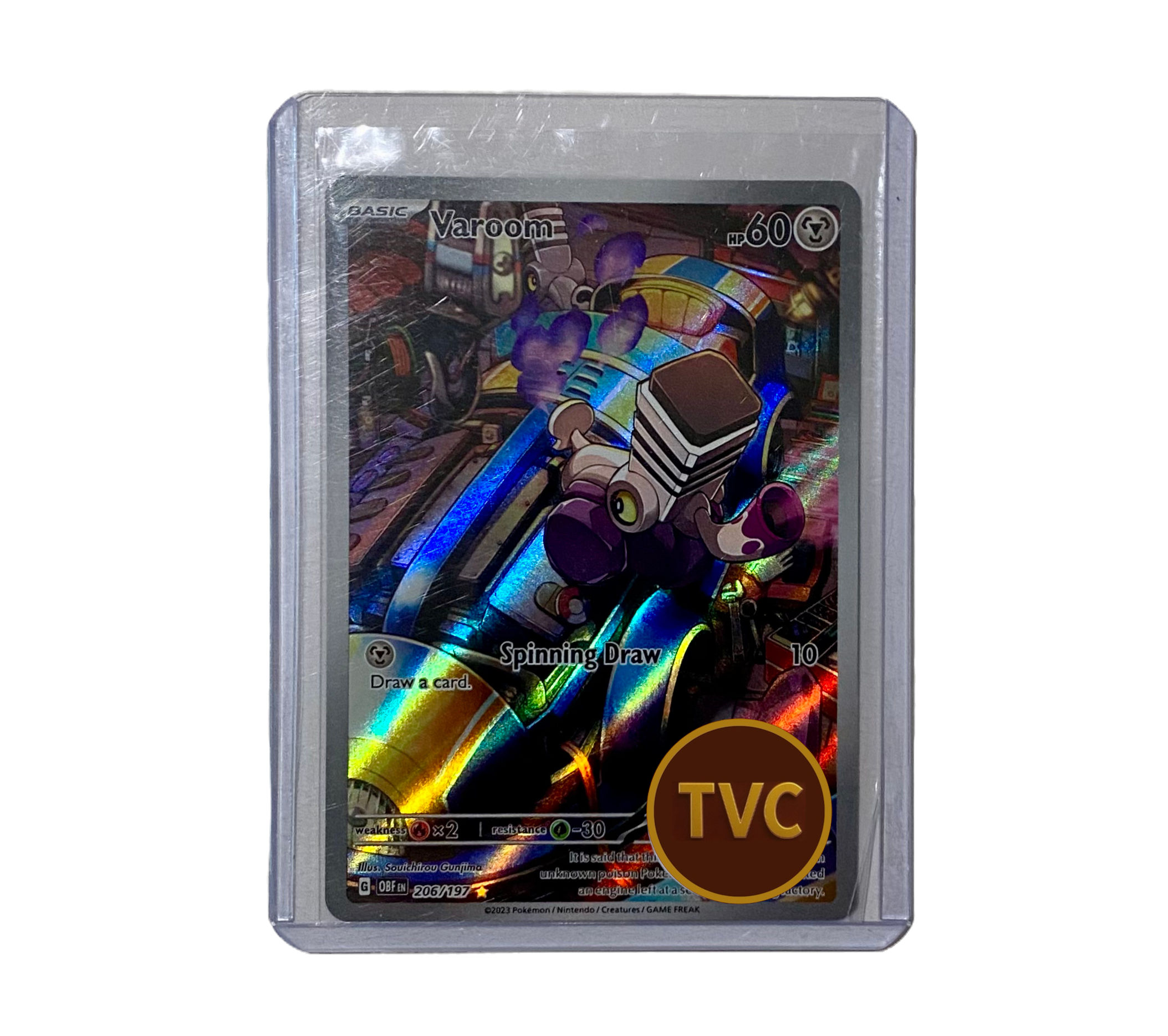 Shiny holographic Pokémon card in a plastic case, TVC logo present.