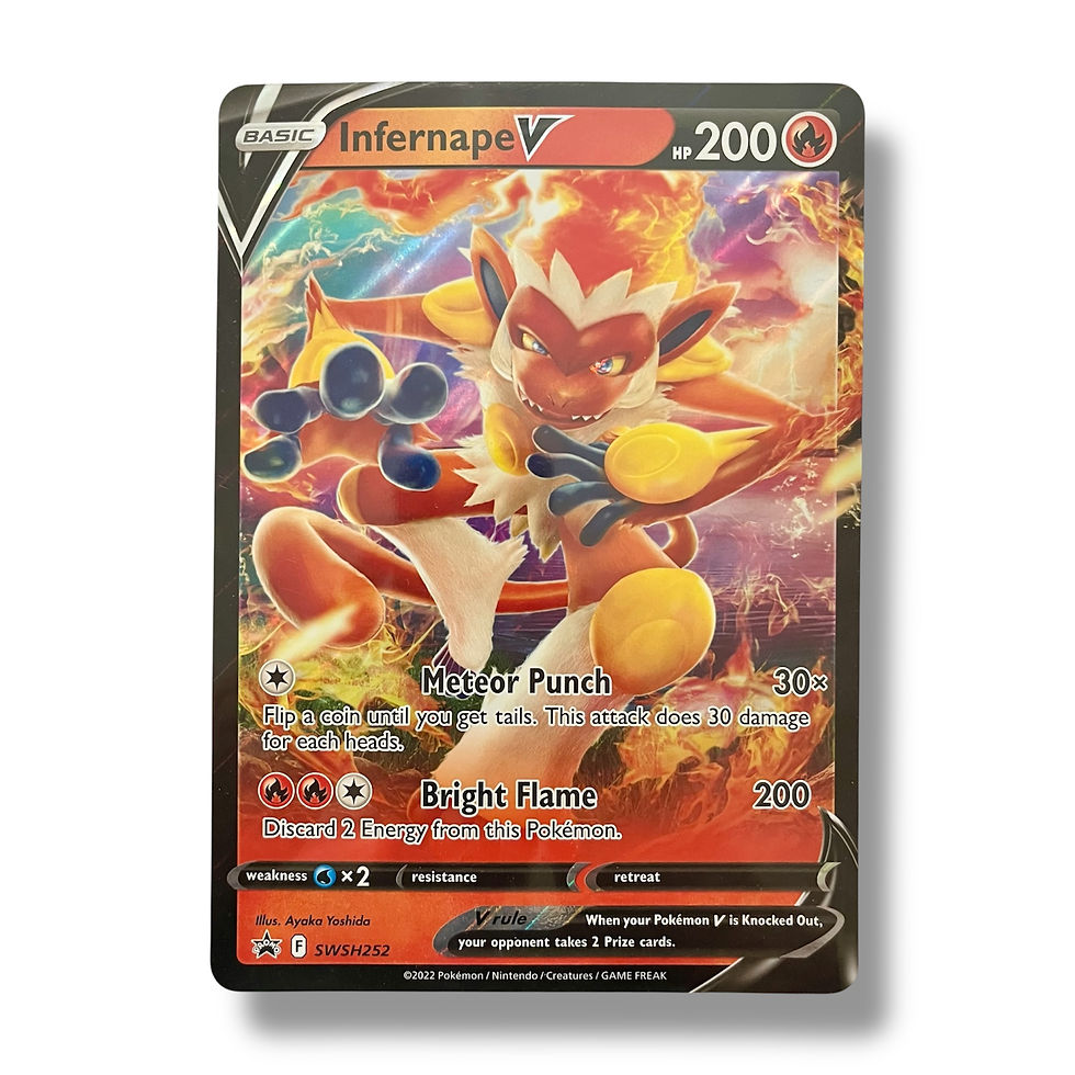 Infernape V Pokémon card, 200 health with fiery artwork and text.