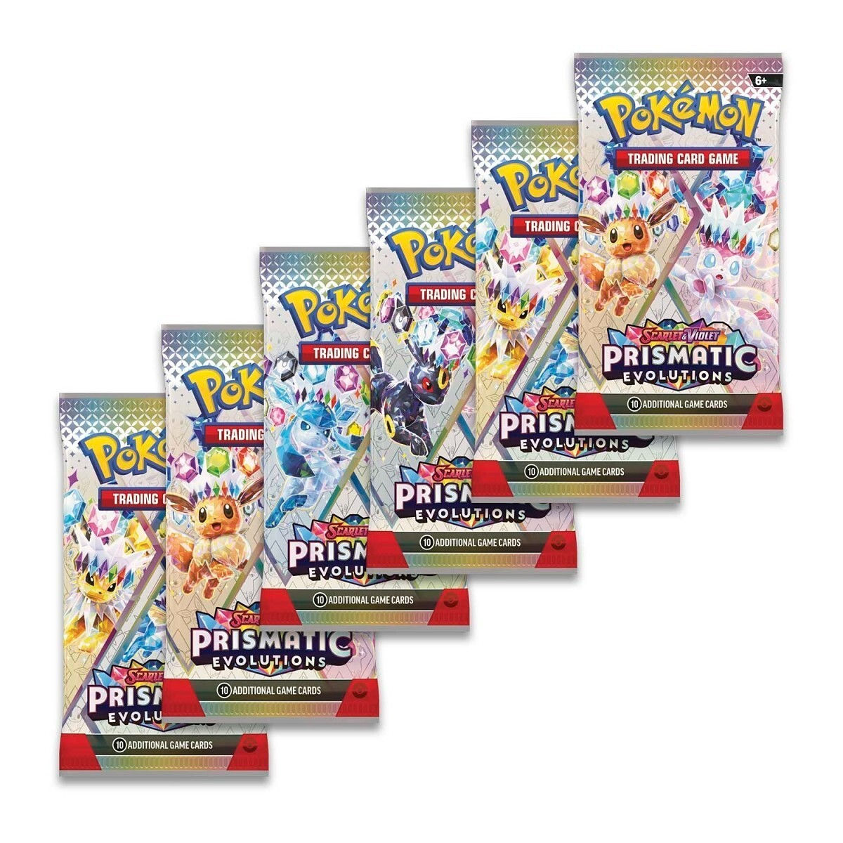 Six Pokémon trading card packs with Prismatic Burst text, ready to open