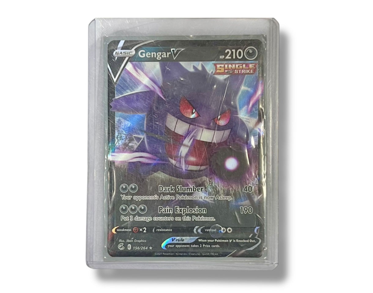 Pokemon card Gengar V with 210 HP in protective case on white