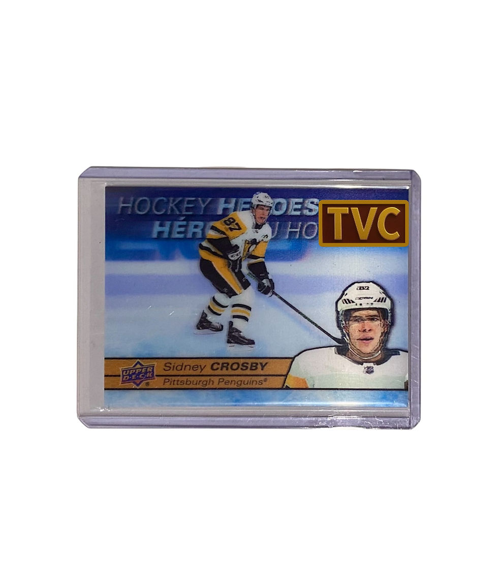 Hockey Heroes card featuring Sidney Crosby, with TVC text, encased in plastic.