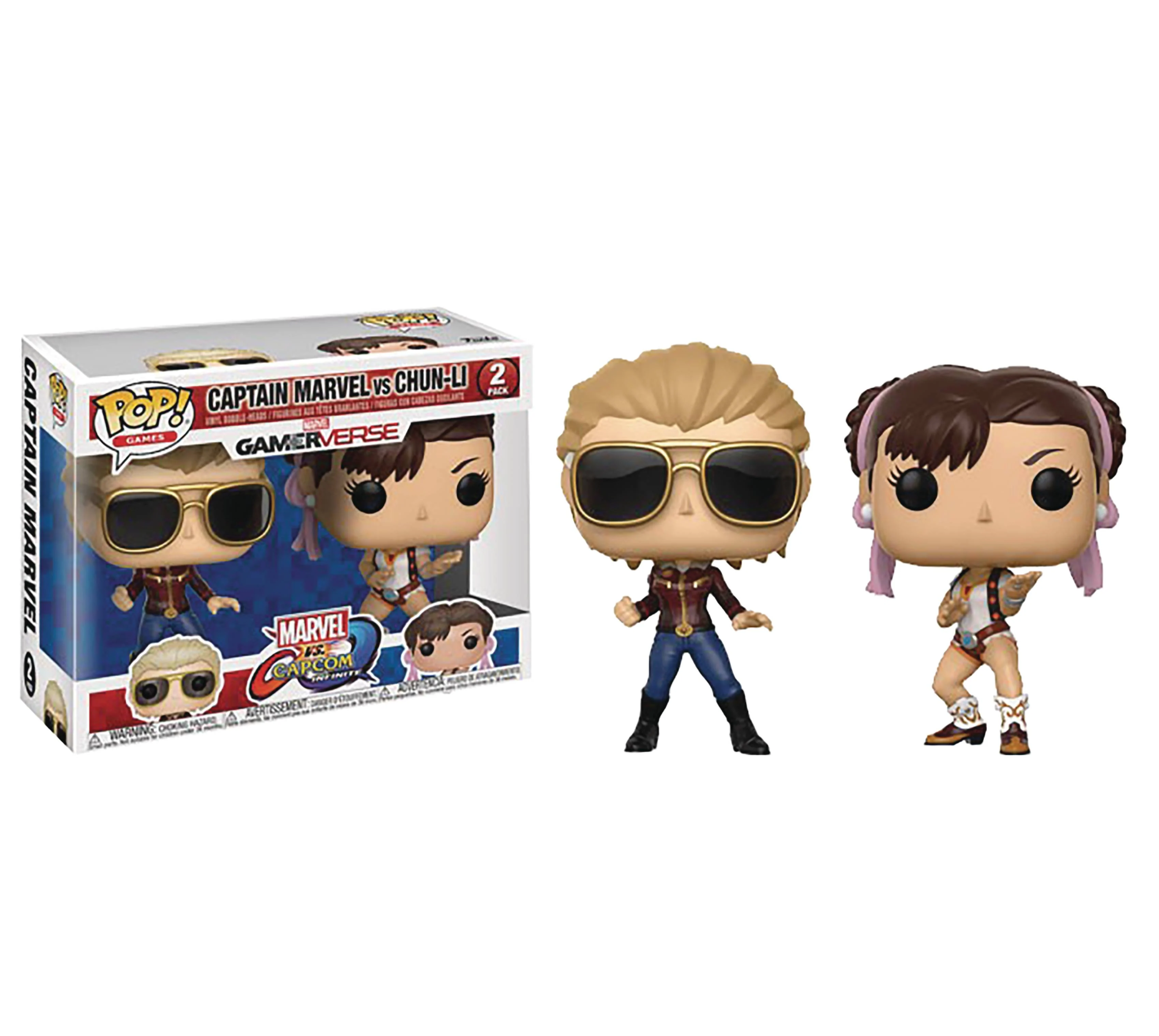 Funko Pop figures: Captain Marvel box, Captain Marvel with sunglasses, and female figure with pigtails