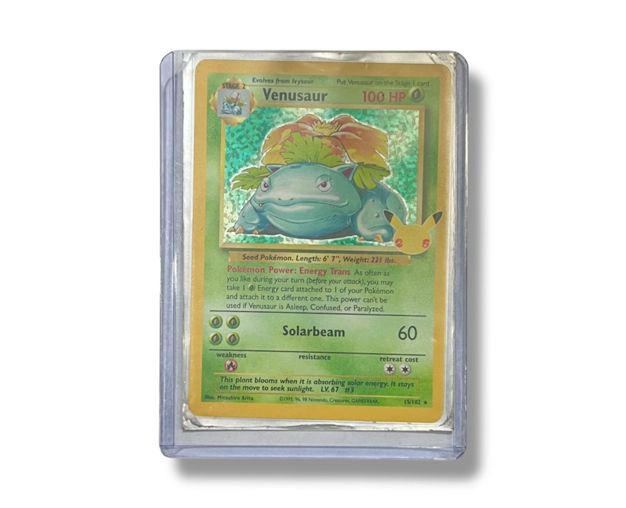 Venusaur Pokémon card in a protective case, featuring 25th anniversary design.