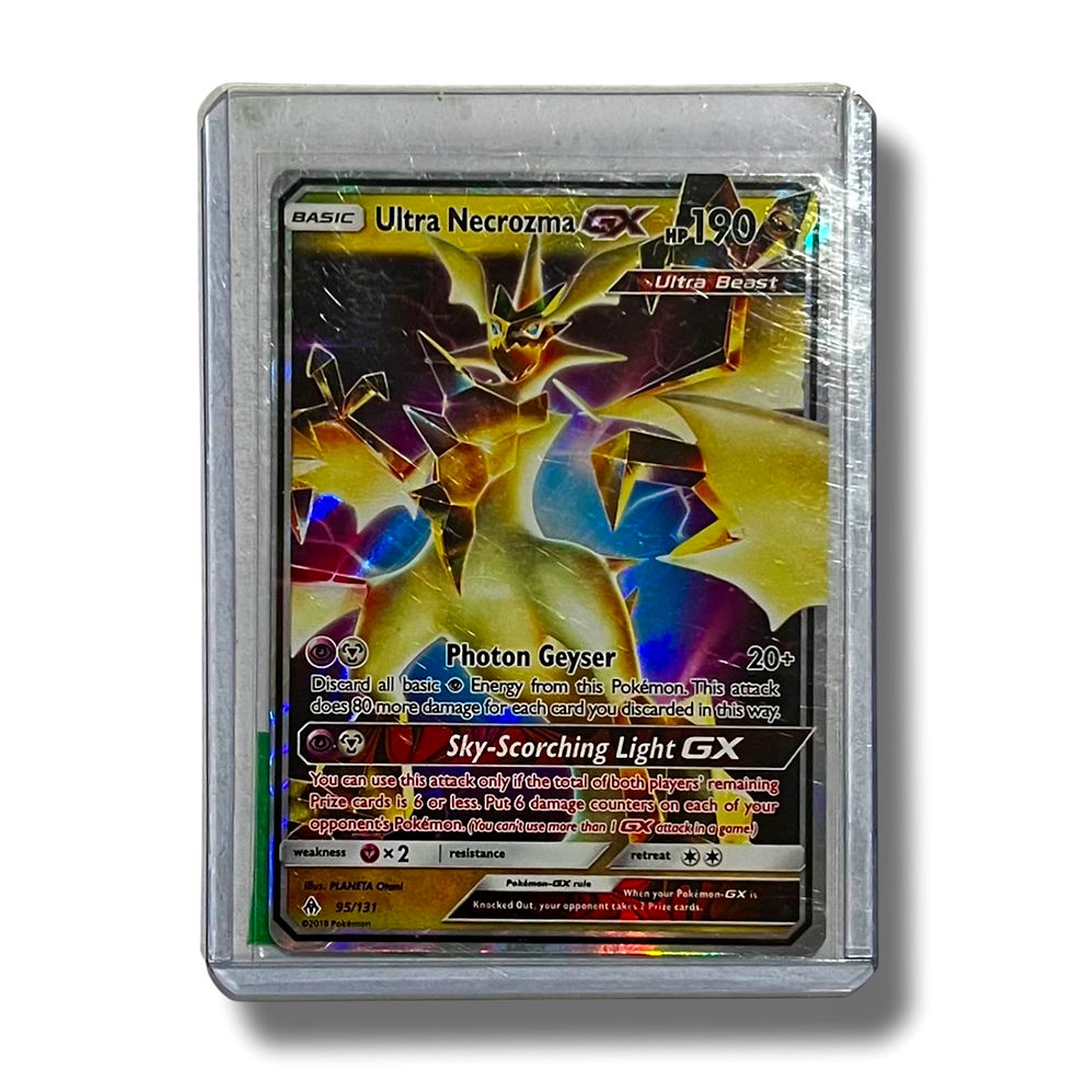 Ultra Necrozma GX Pokémon card in a protective case, Sky-Destroying Light GX.