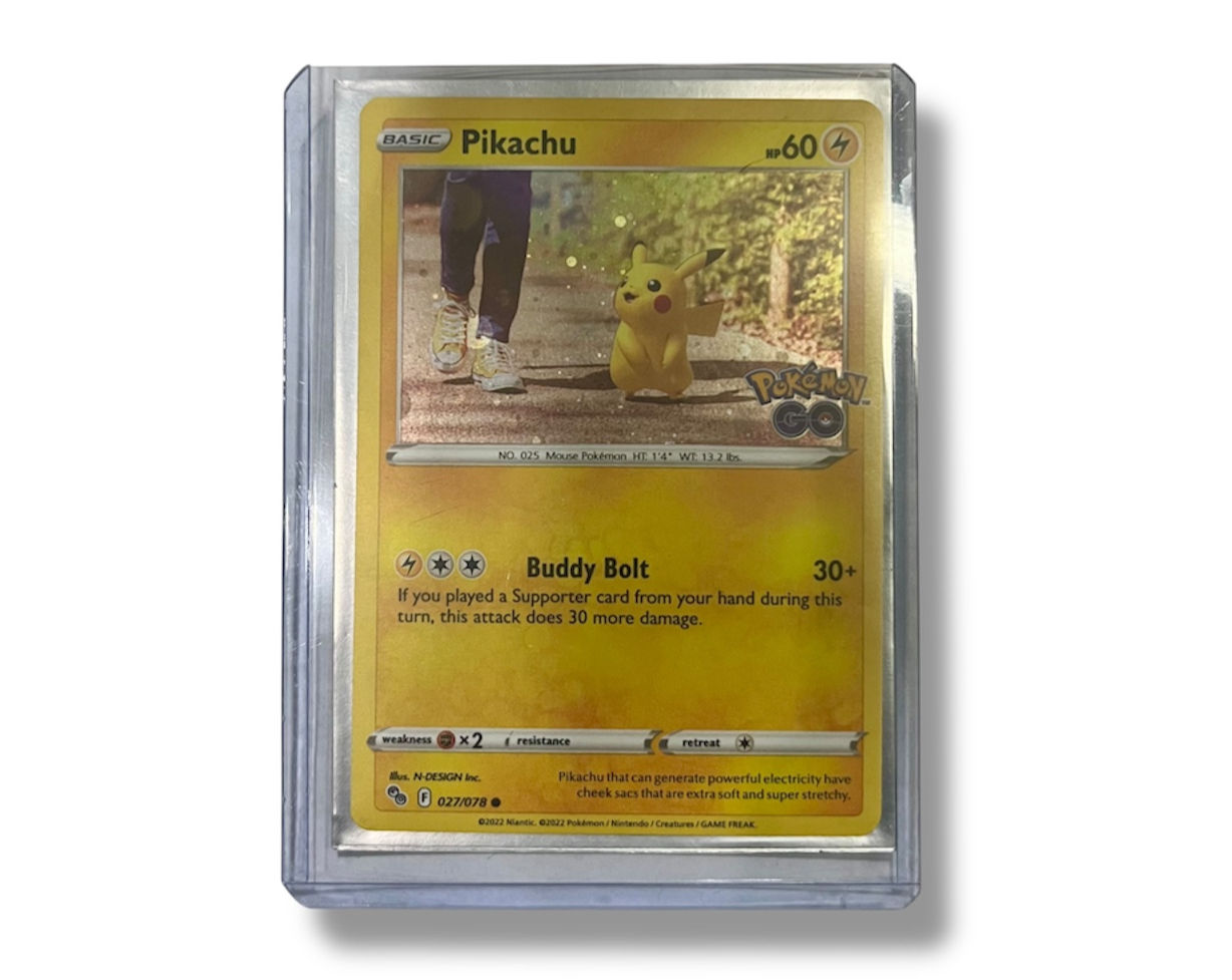 Pikachu Pokémon card in protective case, Buddy Bolt text, Professor's Research #24.
